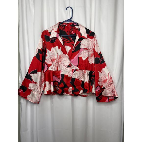 Red floral blouse women's size large pink red and cream satin work wear - Picture 9 of 14